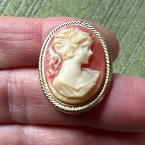 Elegant Cameo Brooch in pink pale Red ivory and Gold edge setting pin vintage